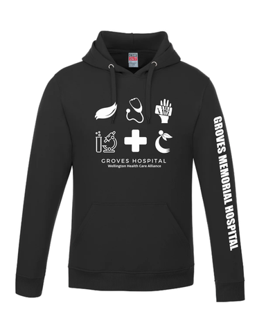 GROVES HOODED SWEATSHIRT - (LARGE FRONT LOGO  & LOGO DOWN SLEEVE)